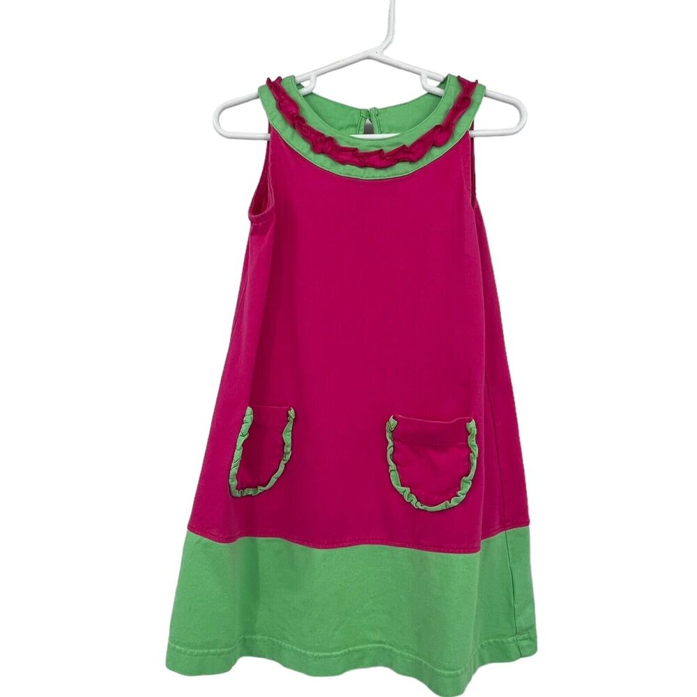 Hanna Andersson Pink Green Colorblock Ruffle Tank Dress Cotton 4t